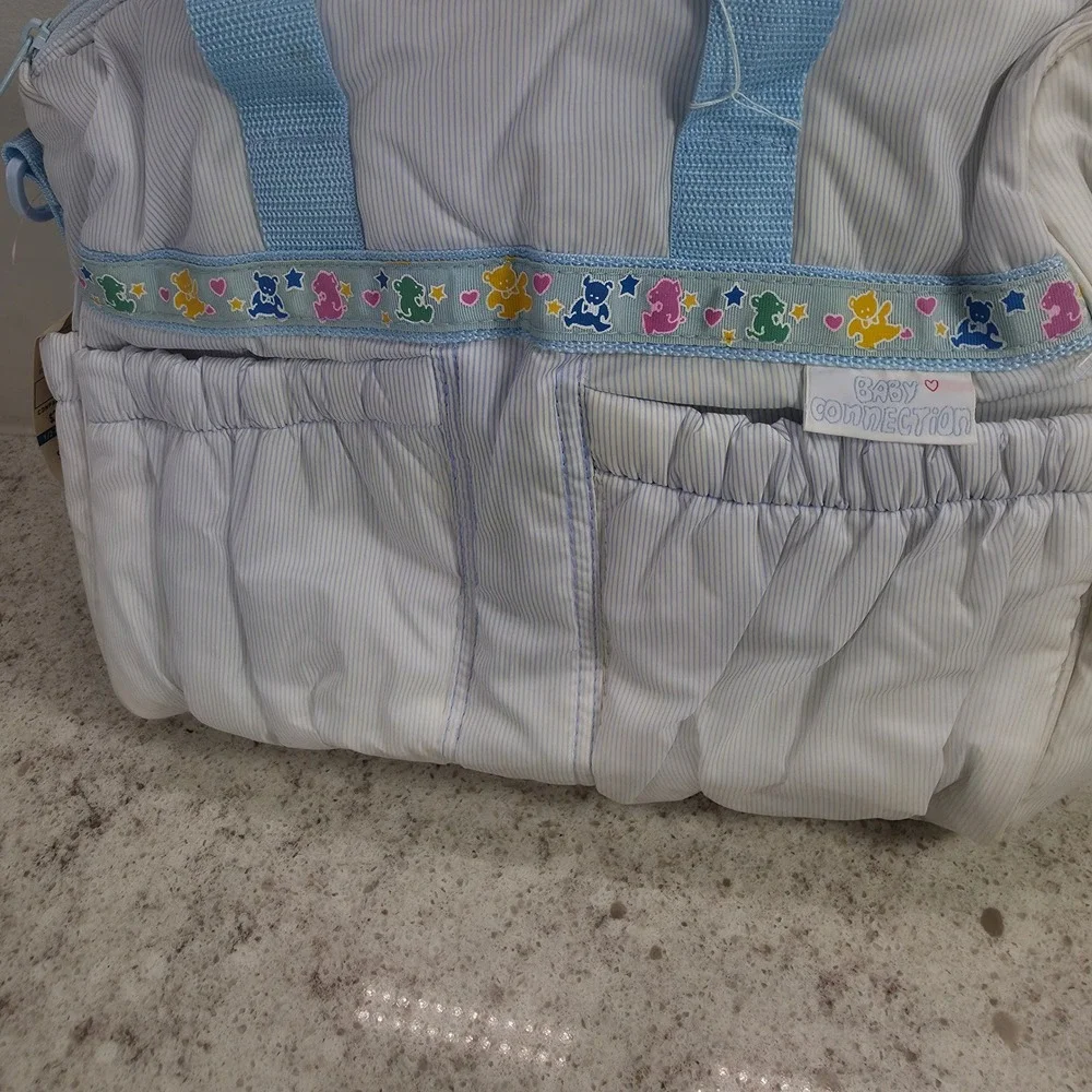 Baby Connection Vintage Diaper Bag Blue Pinstripe Teddy Bear Changing Pad NWT